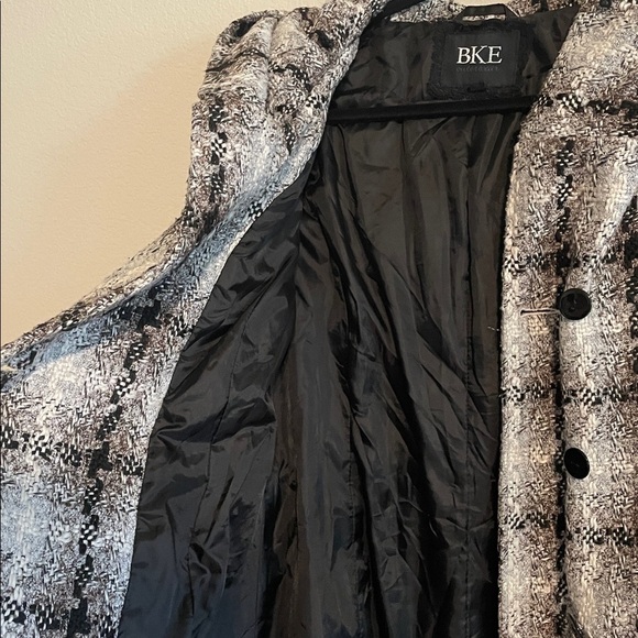 BKE Women Black and White Hooded Checkered Tweed Belted Pea Coat LRG Y2K Preppy - Picture 10 of 16